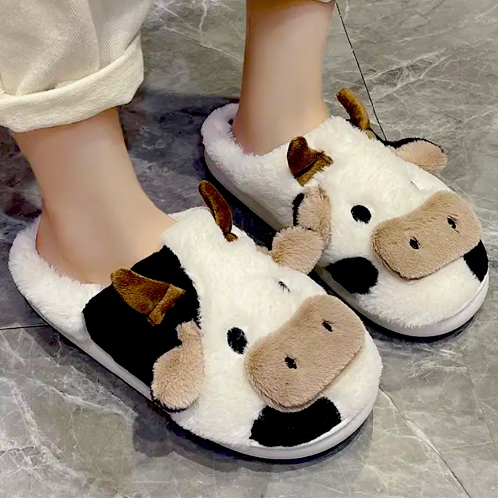 Cute Cartoon Cow Warm Plush Slippers Indoor Non-slip